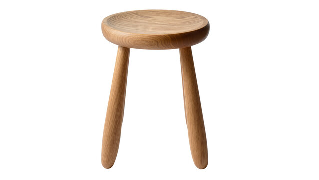 Isolated contemporary light wood stool with a sculptured seat and three slender legs