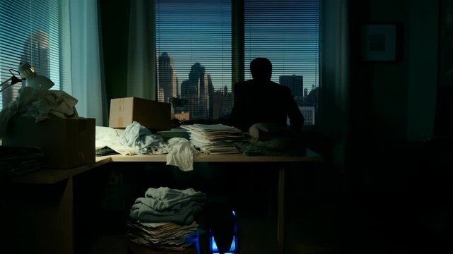 Office in disarray with a man sitting at a desk looking out the window at dusk, surrounded by clutter and papers