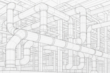 Fototapeta premium Industrial piping infrastructure shown in technical drawing. This futuristic isometric illustration with complex geometric arrangement creates an intricate background