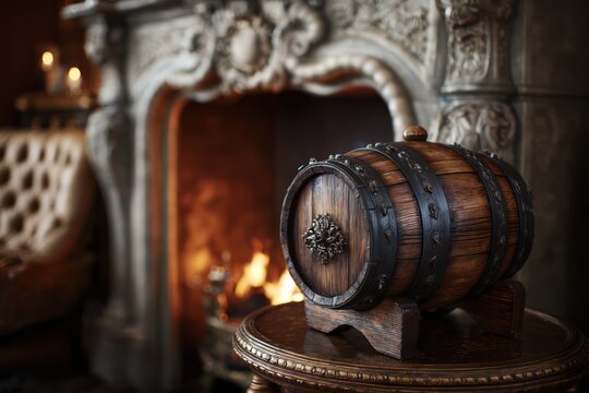 Small rum barrel by fireplace background