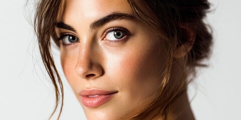 Fototapeta premium Close-up portrait of a young woman with natural makeup and soft lighting