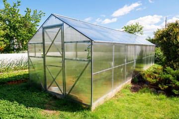 Obraz premium Polycarbonate greenhouse in the garden.