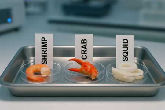 Laboratory tray holding labeled food allergen samples of shrimp, crab, and squid. sterile lab environment for food safety inspection, scientific test, and allergy concept