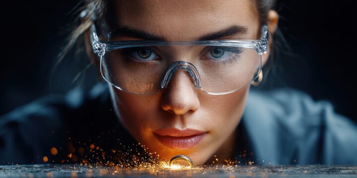 Close-up of a focused woman wearing safety glasses examining a ring with sparks flying