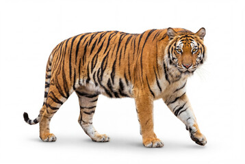 Obraz premium Bengal Tiger Walking Isolated on White Background, Majestic Wild Animal Full Body Side View with Detailed Fur Texture