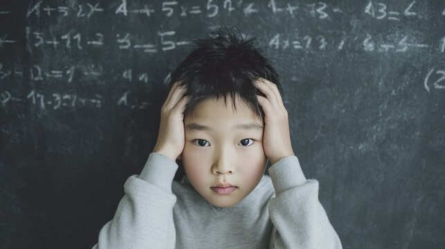 Confused child learning math in classroom with blackboard background