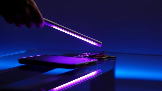 Light ultraviolet UVC with purple glow for disinfection and purification featuring germicidal, sterilization, virus with bacteria and germs elements