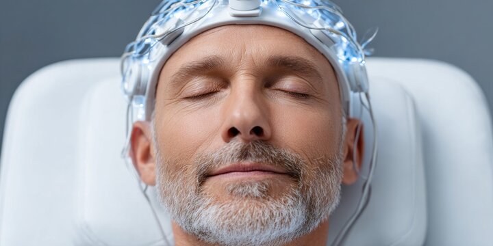 Mature man with eyes closed wearing EEG cap for brainwave monitoring and research