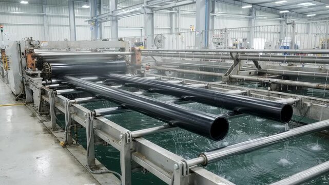 HDPE pipe extrusion process captured in medium view highlighting thick pipes being formed and cooled on conveyor belts within a bright clean manufacturing plant.