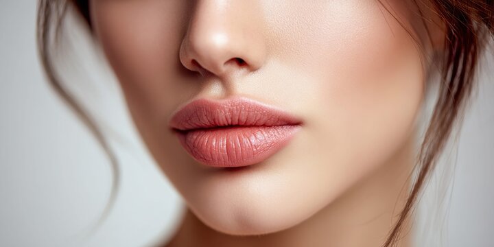Close-up of a woman's full lips and nose with subtle makeup and soft lighting