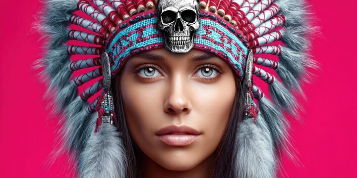 Woman wearing a Native American headdress with skull detail and vibrant pink background