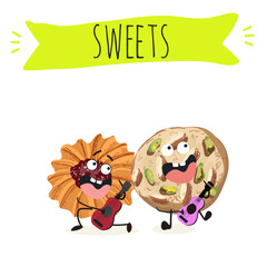 Naklejka premium Funny Characters Kurabiye, Kurabie, Ghorayeba, Qurabiya, dessert, hand drawn vector illustration.