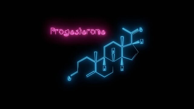 Structural formula of human steroid progesterone hormone. Neon glowing.