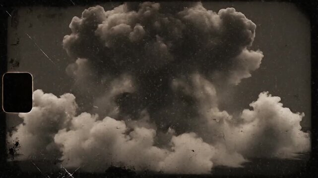 Massive nuclear explosion mushroom cloud erupts with intense fire and smoke, vintage film effect
