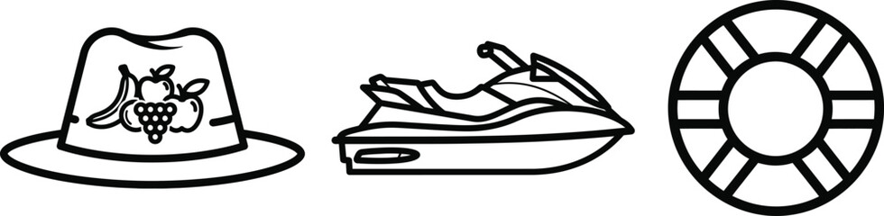 Obraz premium Set of outline icons including a fedora hat with fruits, a personal watercraft, and a lifebuoy