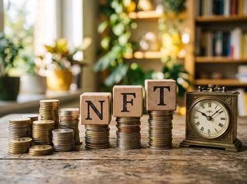 Wooden blocks spell NFT atop coin stacks. Vintage clock ticks beside a cluttered wooden table. Soft natural light spills through a window