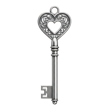 Antique-style key with a heart-shaped bow charm attached isolated on transparent background
