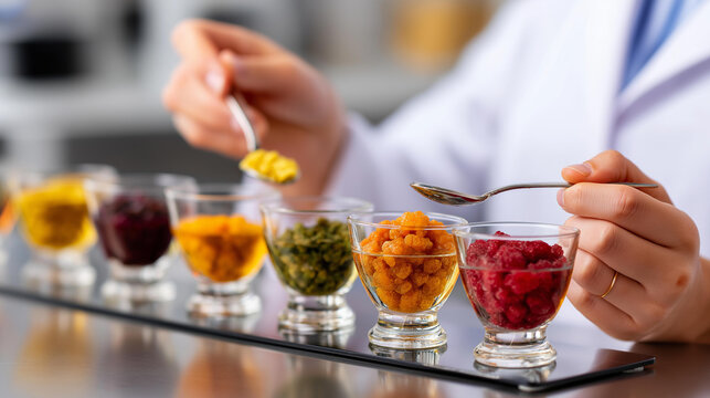 Diverse food tasting panel evaluating samples in a laboratory setting, sensory assessment and product research concept, defocused background, with copy space