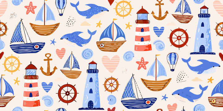 Nautical themed seamless pattern with boats dolphins and lighthouse illustrations