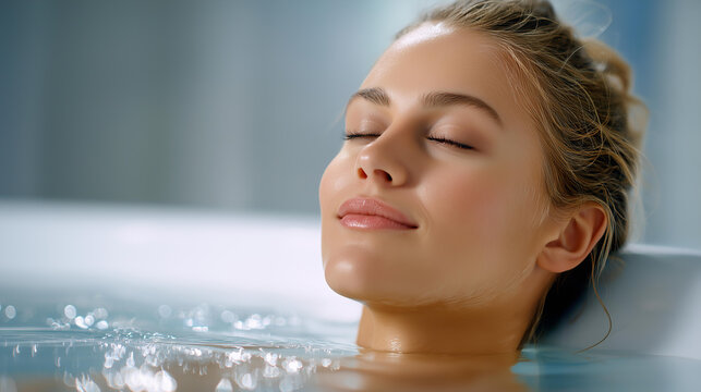 Person floating serenely in a sensory deprivation tank, pure relaxation and inner peace concept, mindfulness and wellness lifestyle, defocused background, with copy space