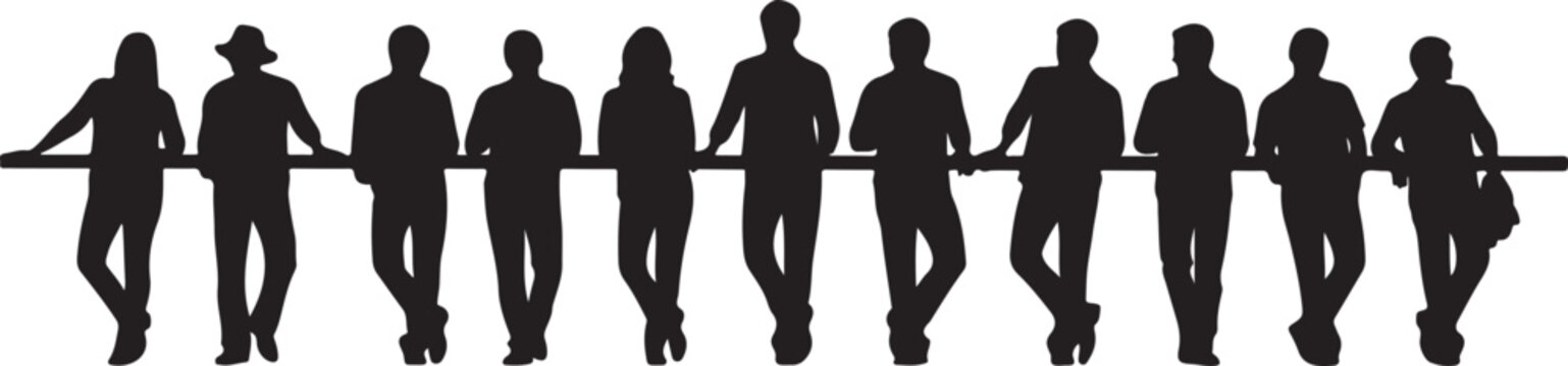 Silhouettes of people leaning on a horizontal bar together