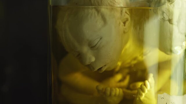 A human infant body with the pathological development of anencephaly in the water.