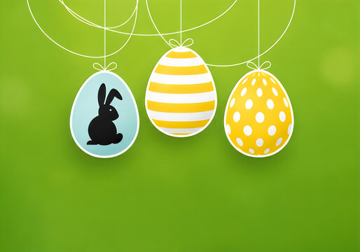 Easter eggs hanging on a green background