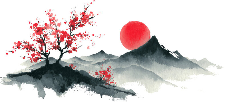 Serene Japanese landscape with blooming tree and rising sun