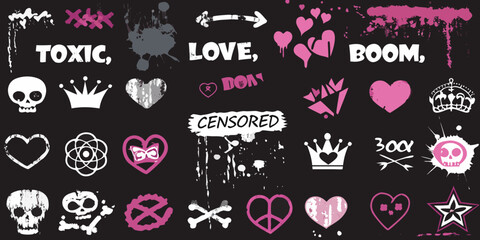 A chaotic collage of punk inspired graphics hearts skulls and bold text © Rathin