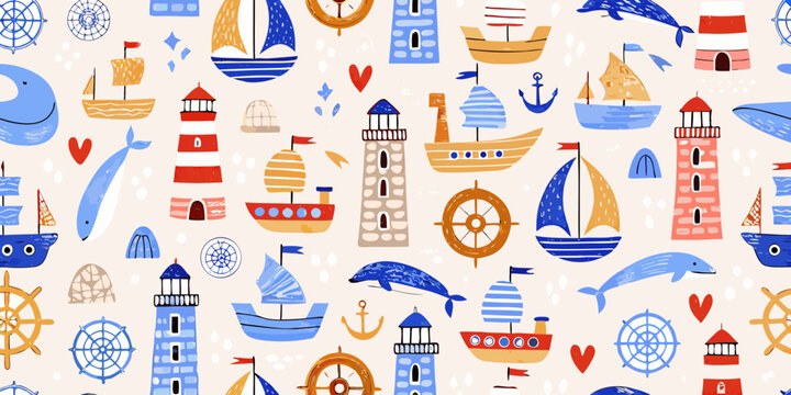 A colorful repeating pattern of boats lighthouses and marine life