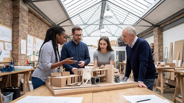 Diverse team of architects reviewing a building model in industrial