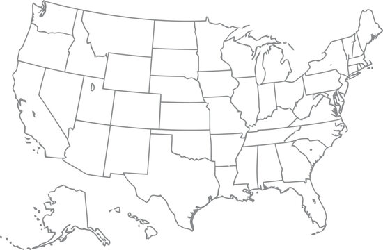 Outline map of the united states of america showing all fifty states with thin black borders