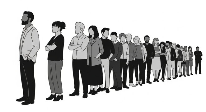 Diverse Group of People Standing in a Long Line.
