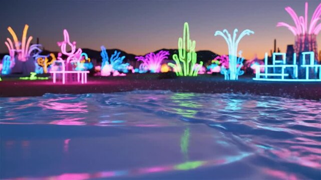Colorful Neon Light Display Over Water at Night.