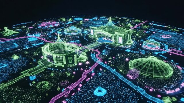 Colorful Neon Lighted Traditional Architecture at Night in a Futuristic Cityscape.