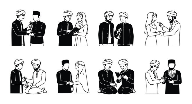 Islamic wedding ceremony illustrations depicting nikah and exchanging of rings