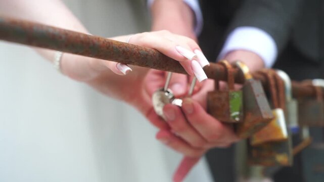 The bride and groom hang the wedding lock on the bridge. The keys and the padlock symbol of love and fidelity. Wedding tradition. Hands of newlyweds close-up