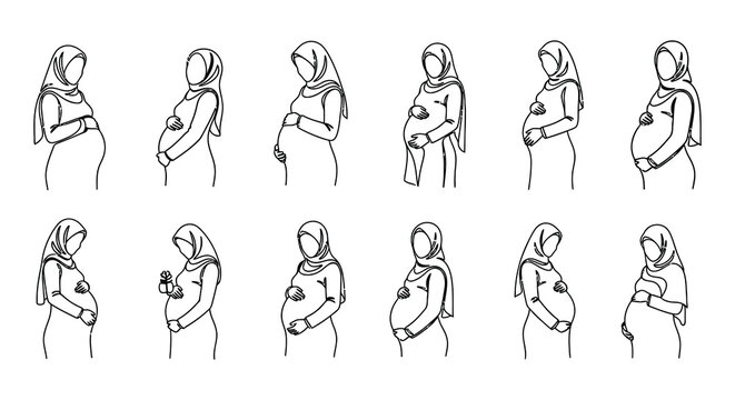 Line art illustration of pregnant women wearing hijabs in various poses