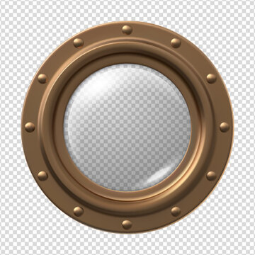 Submarine window porthole, vector realistic 3D round glass window with bronze frame, glass and rivets, hole fuselage