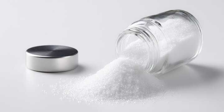 A glass jar of salt tipped over, spilling its contents onto a white surface
