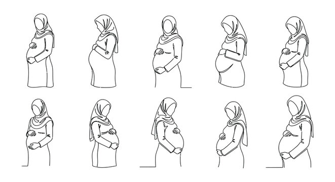 Line art illustration of pregnant women wearing hijabs in various poses