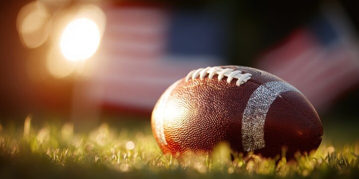 American football on grass with blurred US flag and sun flare in the background