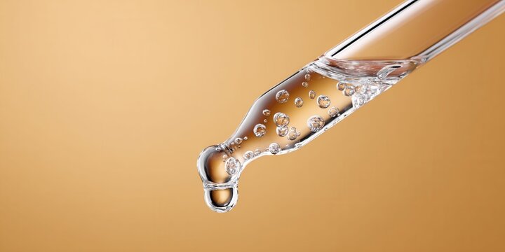 Close-up of a glass dropper with clear liquid and air bubbles against a warm, soft background