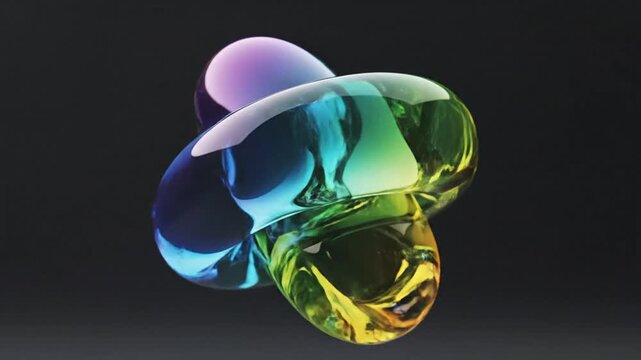 Abstract iridescent liquid blob morphing with colorful reflections, dark background