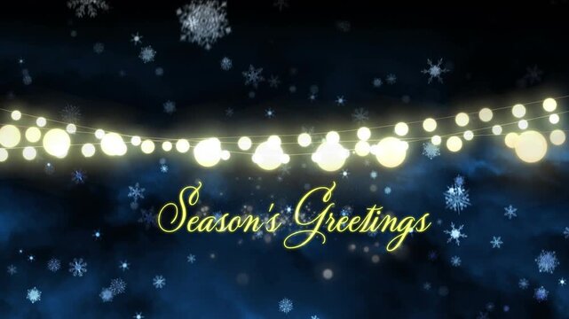 Animation of seasons greetings text at christmas over snow falling
