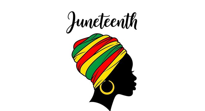 Juneteenth celebration with african american woman wearing colorful headwrap and hoop earrings