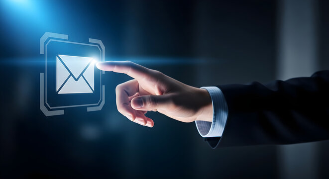 A futuristic email interface with a person's hand interacting