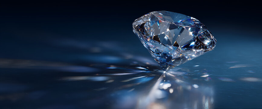 A large, radiant, cut gemstone sparkles in a cool-toned studio setting. Strong highlights and shadows create depth. Reflections and refractions are evident