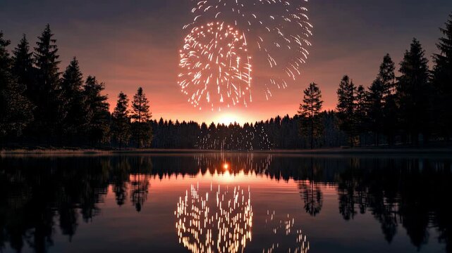 Fireworks exploding over lake for celebration joy and festive holiday event background