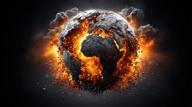 Planet Earth exploding with fire and smoke against a dark background